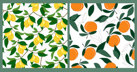 Set of seamless patterns with fruits. hand drawn texturesのイラスト素材