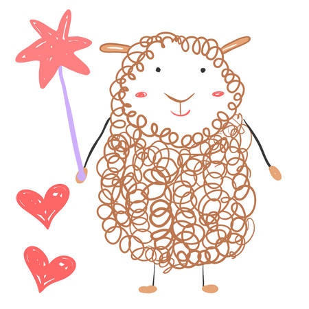 Funny sheep with a magic wand. Pretty happy lamb. Illustration about animals for children design. Cartoon styleのイラスト素材