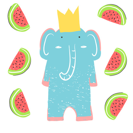 Funny elephant in the crown with watermelons. Illustration about animals for children design. Cartoon styleのイラスト素材