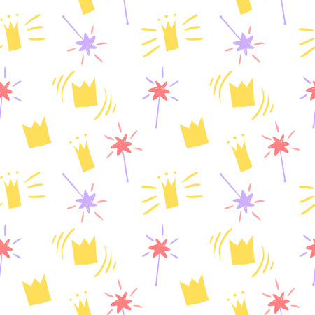 Hand drawn sketch seamless pattern with magic crown, star, magic wand, yellow, gold. For wallpapers, web background, textile, wrapping, fabric, kids design.のイラスト素材