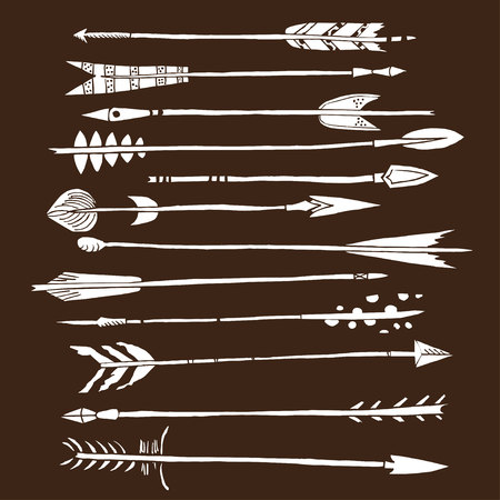 Monochrome tribal set with arrows, hand drawn ethnic collection with arrows for design, rustic decorative arrows, hippie and boho style vector illustrationのイラスト素材