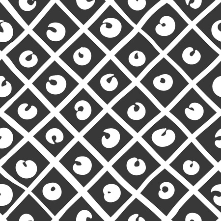 Geometric simple sketh drawn hand seamless pattern with bright yellow dots and green triangles. For wallpapers, web background, textile, wrapping, fabric, kids design. Scandinavian styleのイラスト素材