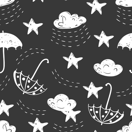 Sky simple sketh drawn by hand seamless pattern in cartoon style with cloud, umbrella, rain, star. For wallpapers, web background, textile, wrapping, fabric, kids designのイラスト素材