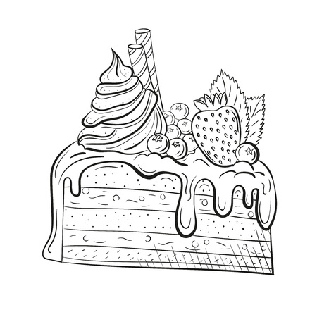 cake with berries, cream and mint. Sweet beautiful dessert. Clipart for a restaurant or cafe menu. Line art. Piece of cake with fresh berries. Sketch style.のイラスト素材