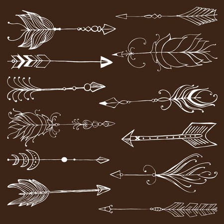 Monochrome tribal set with arrows, hand drawn ethnic collection with arrows for design, rustic decorative arrows, hippie and boho style vector illustration.のイラスト素材