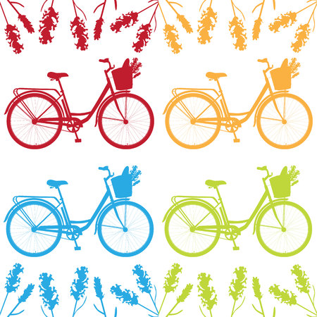 Realistic bicycle, romantic bike with flowers, bike for breakfast, vector bike for design with lavenderのイラスト素材