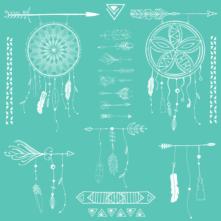 Hand drawn dreamcatcher with feathers and arrow. Vector hipster illustration isolated on white. Ethnic design and boho style illustrationのイラスト素材