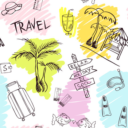 Travel pattern with trip attributes on transparent background. Background with tourist attributes...