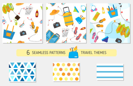 Seamless pattern with travel items including suitcase, plane, cruise liner, map, pattern with suitcase set, pack suitcase pattern, necessary items for traveling, travel stuff collectionのイラスト素材