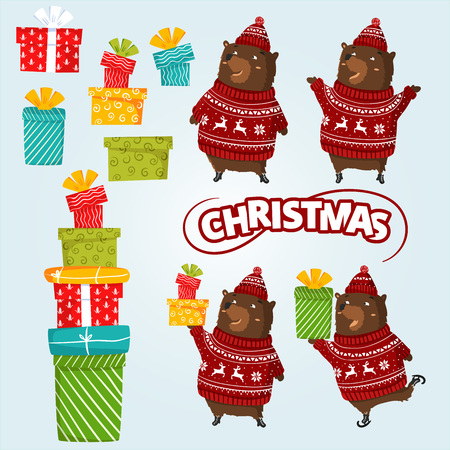 Set of brown cartoon bears in different poses. Happy forest animals on snow. cheerful bear on snow skates with gift. Bear wear winter pullover with knitted deer decor, bunch of presents, many gifts. For new year invitation, cards, banners, tags and labels.のイラスト素材