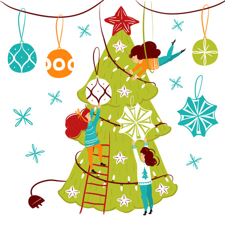 Small people characters decorating christmas tree. New year decoration. Fantasy little people in giant world flat cartoon style hand drawn vector illustration