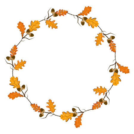 Autumn season frame with pumpkin, maple leaves and red berries, dry branch. Fall decoration element for cards and season decor.のイラスト素材