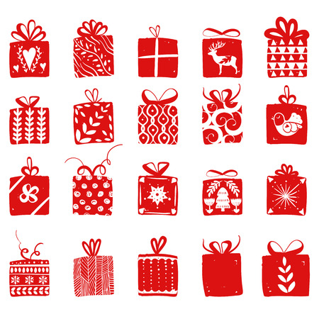 Red simple gift boxes for holiday celebrations scandinavian nordic style. Christmas, new year presents. Collection of boxes with simple decoration hand drawn.のイラスト素材