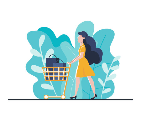Online shopping landing page template for website or mobile. Young woman with trolley buys online. shop online using phone. Modern flat style illustration.のイラスト素材