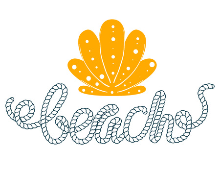 Sea seashell simple styling print. Two color. Quote lettering with sea rope. Print for kids t-shirt and sea style souvenirs. Isolated on white backgroundのイラスト素材