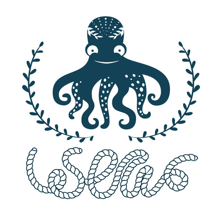 Sea octopus simple styling print. Two color. Quote lettering with sea rope. Print for kids t-shirt and sea style souvenirs. Isolated on white background.のイラスト素材