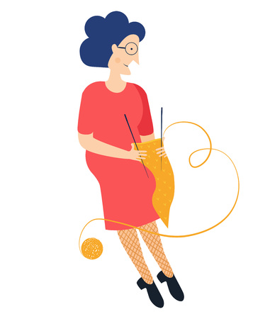 Grandmother wearing glasses. Grandma. Vector illustration. Old woman knits a scarf. Modern flat style simple.のイラスト素材