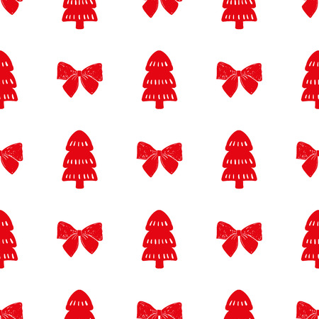 Red simple Christmas fir tree for holiday celebrations Scandinavian Nordic style. Christmas, new year decors. Seamless pattern, simple decoration hand drawnの写真素材