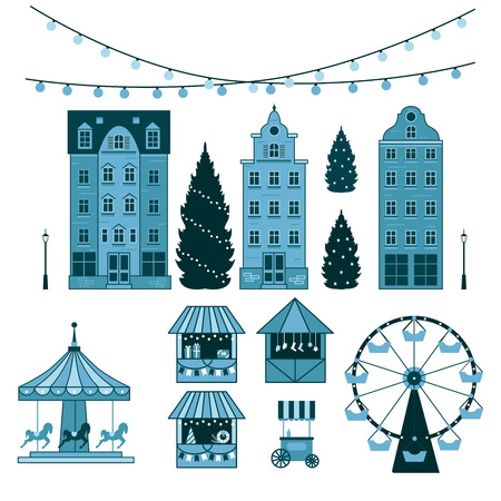 Winter Christmas fair market, Happy New year and Christmas Europe city, souvenir stalls, gift shops, Ferris wheel, garlands, carousel with horses, Christmas trees, socks, gifts. City winter landscape.のイラスト素材