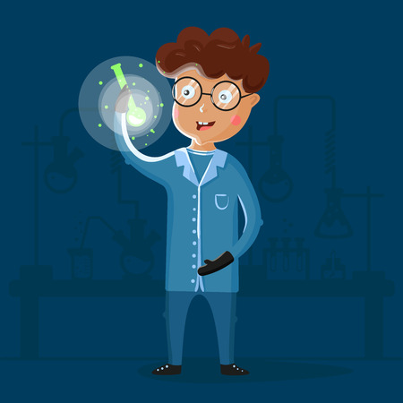 Child scientist in the laboratory studying chemistry. Smart child among test tubes and chemical flasks. Entertaining chemistry.のイラスト素材