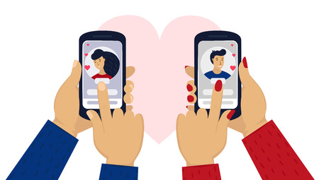 Men's and women's hand holding phone with portrait. Online love chat in internet. Online dating or dating site. Long distance relationship concept. Flat cartoon vector illustration. Concept of applications or social networks. Like buttonのイラスト素材