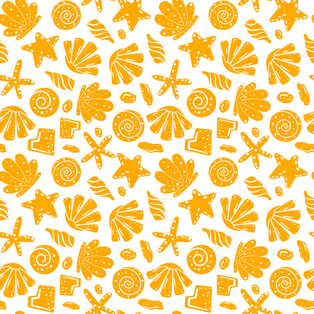 Sea shells, rocks, sand on the coast. Seamless pattern in blue and yellow. For pattern fills, wallpaper, print for clothes, wrapping paperのイラスト素材