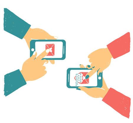 Men's and women's hand holding phone with love mails. Online love chat in internet. Like button. Send love letters to each other. Valentine's day concept in internet.のイラスト素材