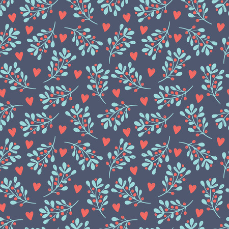 Branches with leaves and berries and hearts. Seamless simple pattern on dark background. For Valentine's day or wedding party.のイラスト素材