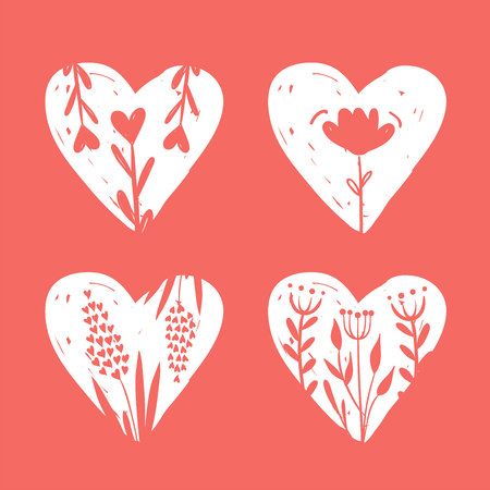Vector collections of hand drawn hearts isolated on transparent background. Love valentines day clipart. Heart shape decorated floral elements: rose, tulip, key with wings, arrowsのイラスト素材