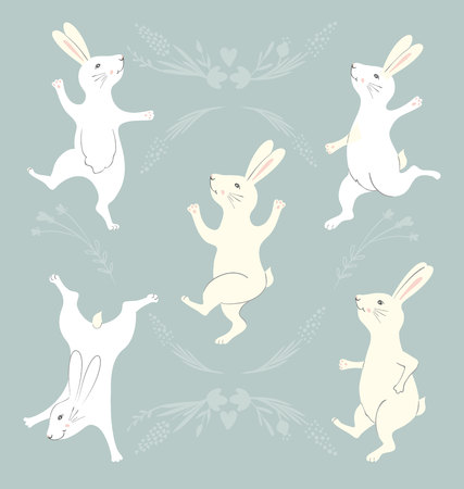 Collection of Easter Bunny characters from different poses. Happy running and dancing bunnies. Flower frame silhouette.のイラスト素材