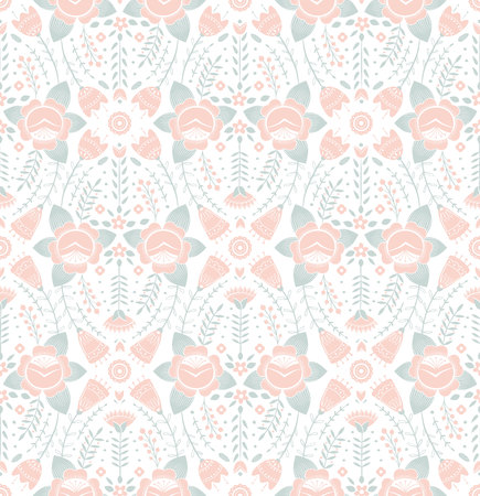 Stylized pattern, folk art, floral ornament in red and green colors. Symmetrical seamless pattern vector background.のイラスト素材