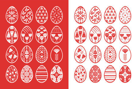 Set of Easter eggs with floral and plant ornamental. Folk style collection, laconic vector graphic Scandinavian style. Red color. For holiday celebration designのイラスト素材