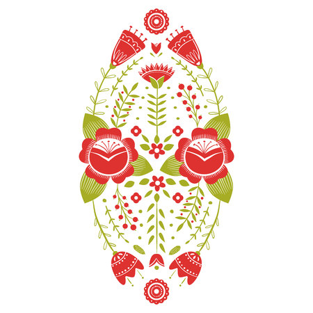Stylized pattern, folk art, floral ornament in red and green colors. Symmetrical pattern vector background. Red and green colorsのイラスト素材