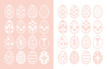 Set of Easter eggs with floral and plant ornamental. Folk style collection, laconic vector graphic Scandinavian style. Pink color. For holiday celebration designのイラスト素材