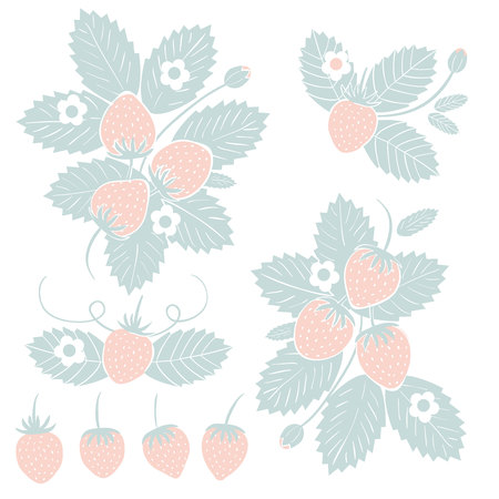 Summer or spring season frame with strawberry, leaves and flowers. Decoration element for cards and seasonal decor. Frame background pastel blue and pink colors.のイラスト素材