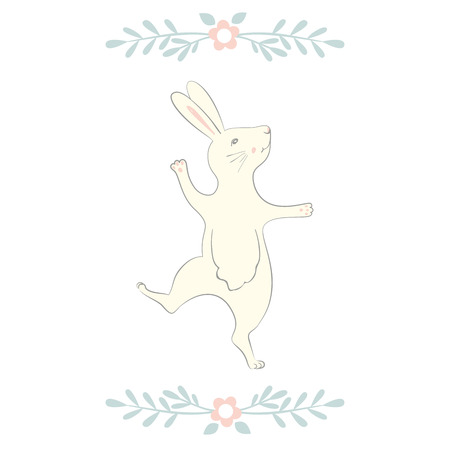 Easter Bunny character. Happy running and dancing bunnies. Flower frame silhouette. Isolated on white background.のイラスト素材