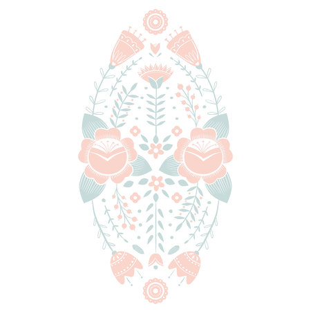 Stylized pattern, folk art, floral ornament in red and green colors. Symmetrical pattern vector background. Pink and blue colors.のイラスト素材