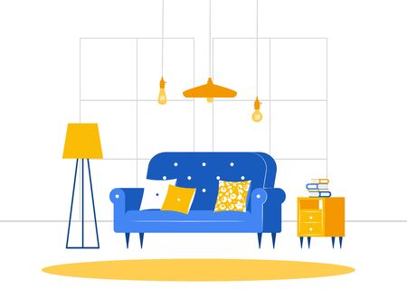 Cozy living room with sofa, bedside table with books, floor lamp. Blue and yellow. Vector illustration flat minimalistic styleのイラスト素材