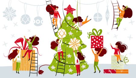 Small people characters decorating christmas tree and wrapping christmas box. New year decoration. Fantasy little people in giant world flat cartoon style hand drawn vector illustration. Celebration designのイラスト素材