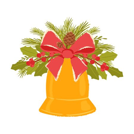 Christmas bell with a decor of holly branches, cones, spruce and red bow. New year home decoration for new year celebrationのイラスト素材