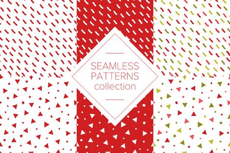 Simple abstract seamless pattern with stripes, triangles and dots. Holiday theme in red for wrapping paper. Background for childrens holiday or christmas party decoration, wrapping paper, wallpaper, cards and greetingsのイラスト素材