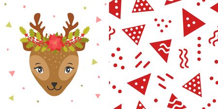 Rabbit or hare with Christmas wreaths on the head. Cute Christmas animal and background for childrens holiday or christmas for party decoration, wrapping paper, wallpaper, cards, invitations and greetingsのイラスト素材