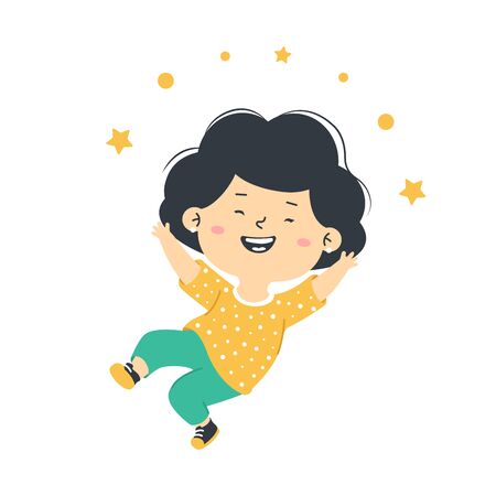 Little happy girl jumps. Child is happy, laughing and jumping. Vector illustration isolated on white backgroundのイラスト素材
