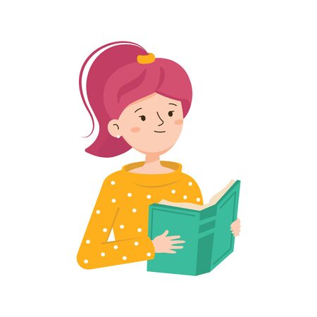 Girl is reading a book. Female character reads a book. The concept of training, education, literary festivalのイラスト素材