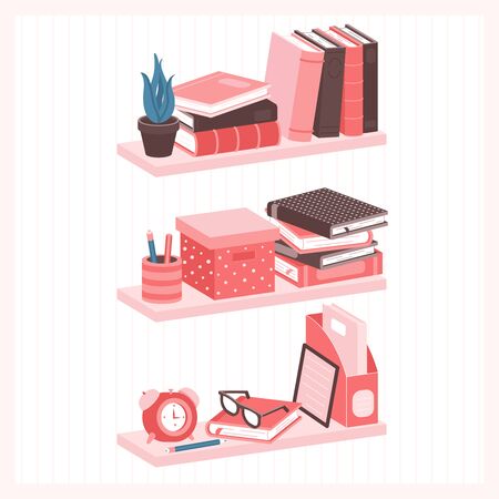 Shelves with books and other household items. Home library. Organizing the order of things on the shelves in the living room.のイラスト素材