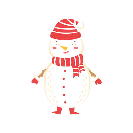 Snowman wear warm hat, scarf and mittens. Vector illustration on white background, isolated snowman for christmas decorのイラスト素材