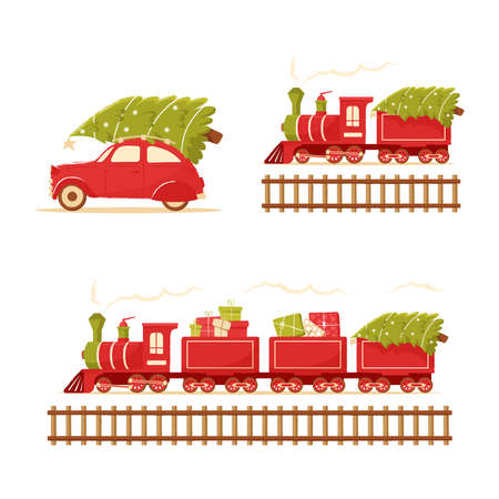Christmas train and car carries a Christmas tree. Christmas toy locomotive for holiday cards, tags and greeting cards. Christmas tree on roof of a red retro car. Cute postcard with new year and Christmas.のイラスト素材