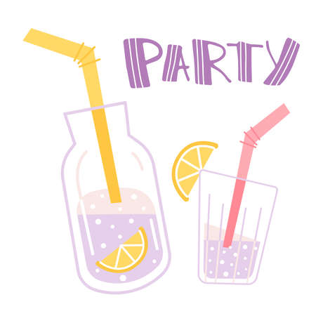 Lemonade in a bottle, a glass of fresh lemon juice and the inscription party. Welcome drink. Party greeting cardのイラスト素材