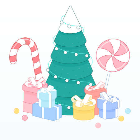 Winter Christmas tree with light garland and presents isolated on white background. 3d isometric vector illustration for web bannerのイラスト素材