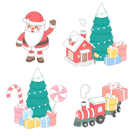 Winter Christmas illustrations set. House, fire tree, sweets and presents isolated on white background. Christmas train and Santa Claus. 3d isometric vector illustration for web banner or screens user interfaceのイラスト素材